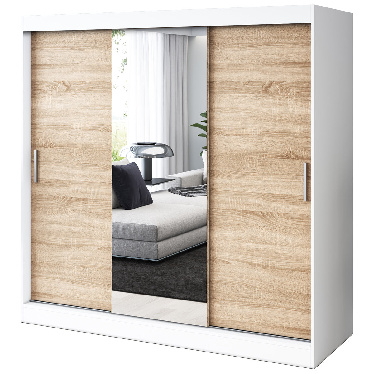 Szafa przesuwna 1x Lustro 200x200 Hugo , Biały mat / Dąb Sonoma