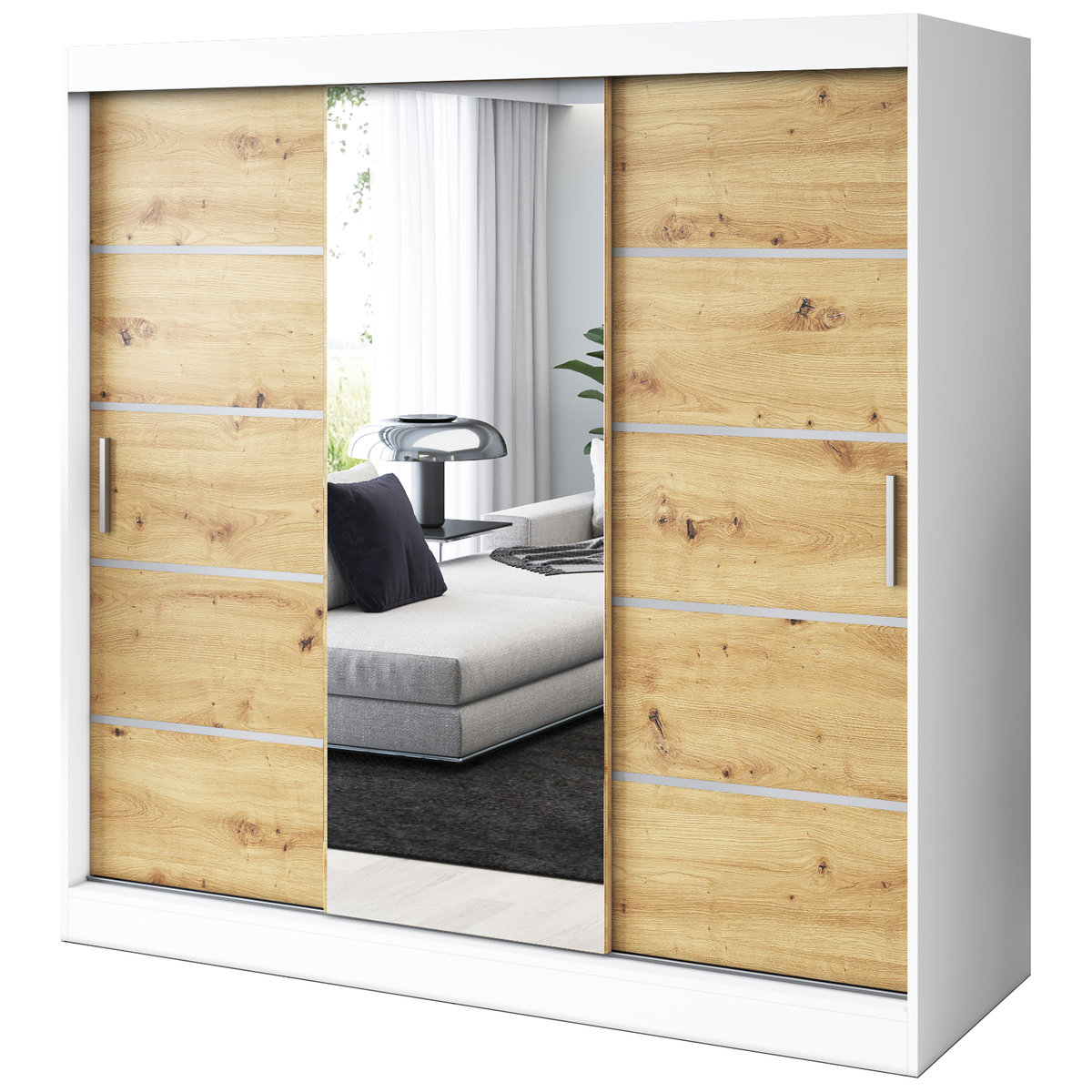 Szafa przesuwna 1 x Lustro 200x200 Pepe , Biały mat / Dąb Artisan