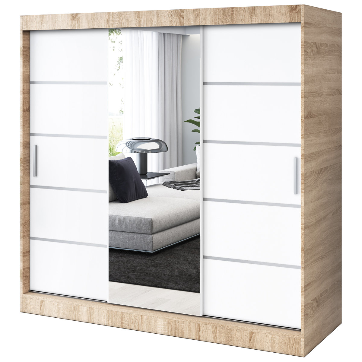 Szafa przesuwna 1 x Lustro 200x200 Pepe , Dąb Sonoma / Biały mat