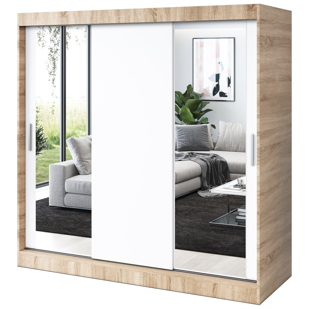 Szafa przesuwna 2x Lustro 200x200 Sofia , Dąb Sonoma / Biały mat