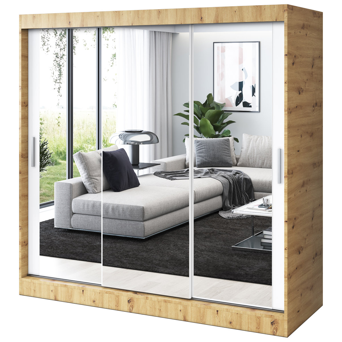 Szafa przesuwna 3x Lustro 200x200 Karl, Dąb Artisan / Biały mat