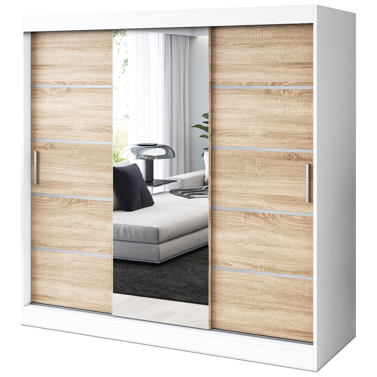 Szafa przesuwna 1 x Lustro 200x200 Pepe , Biały mat / Dąb Sonoma