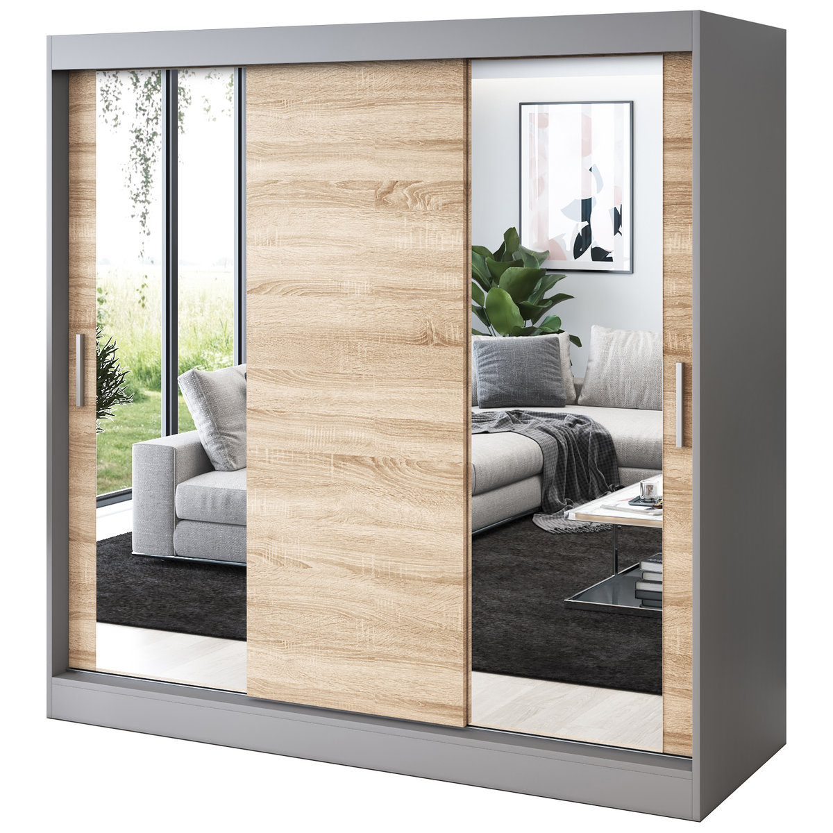 Szafa przesuwna 2x Lustro 200x200 Sofia , Antracyt mat / Dąb Sonoma