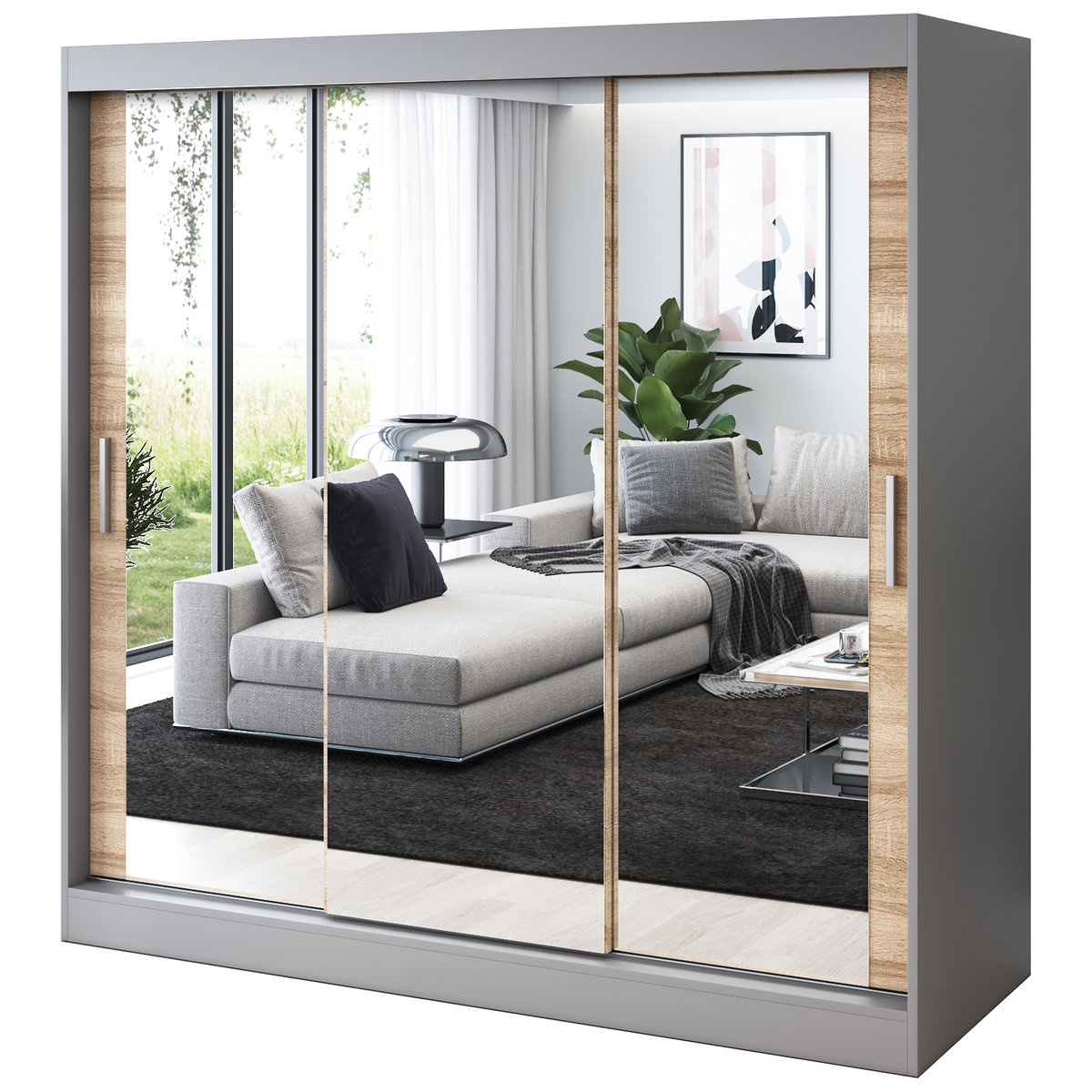 Szafa przesuwna 3x Lustro 200x200 Karl, Antracyt mat / Dąb Sonoma