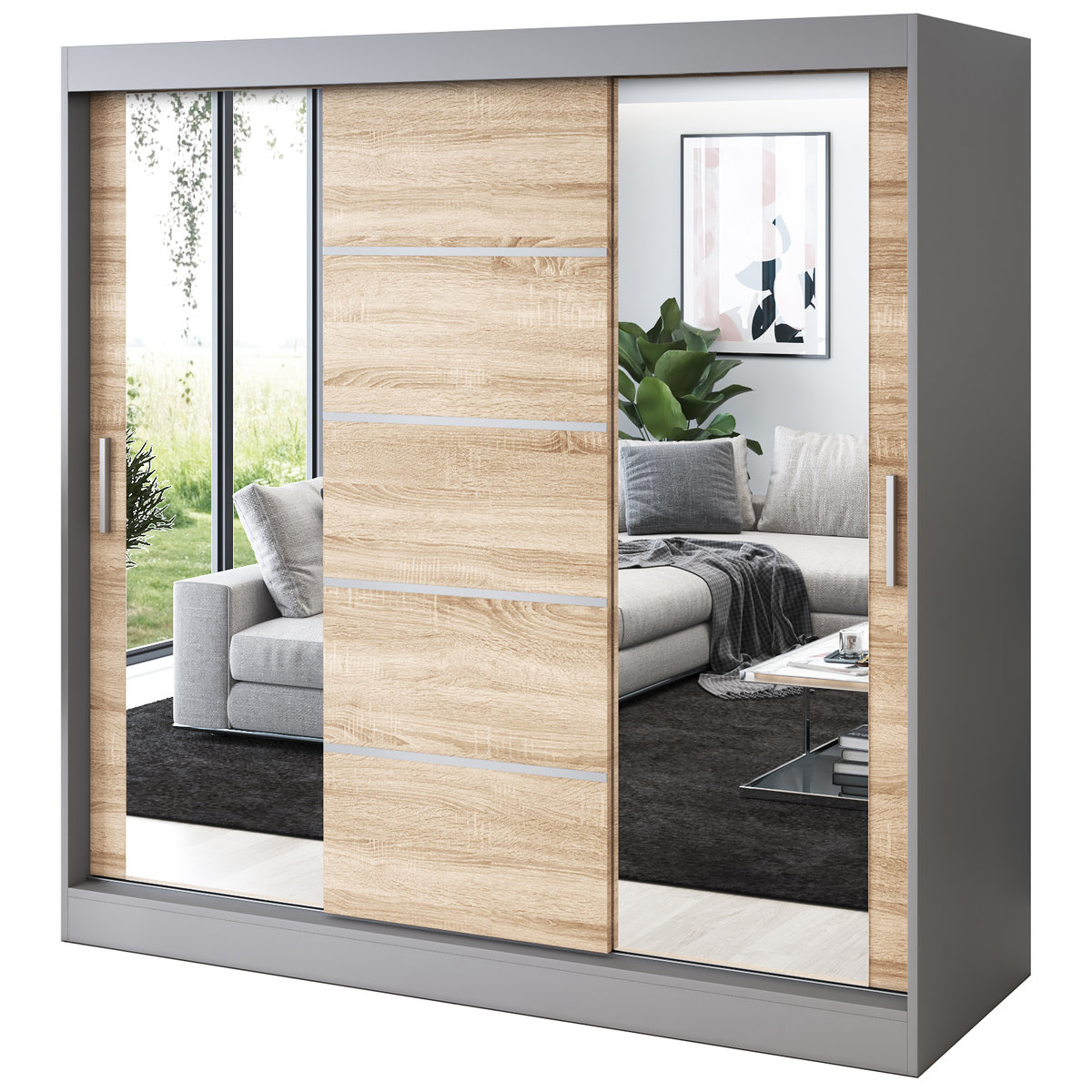 Szafa przesuwna 2 x Lustro 200x200 Ralf , Antracyt mat / Dąb Sonoma