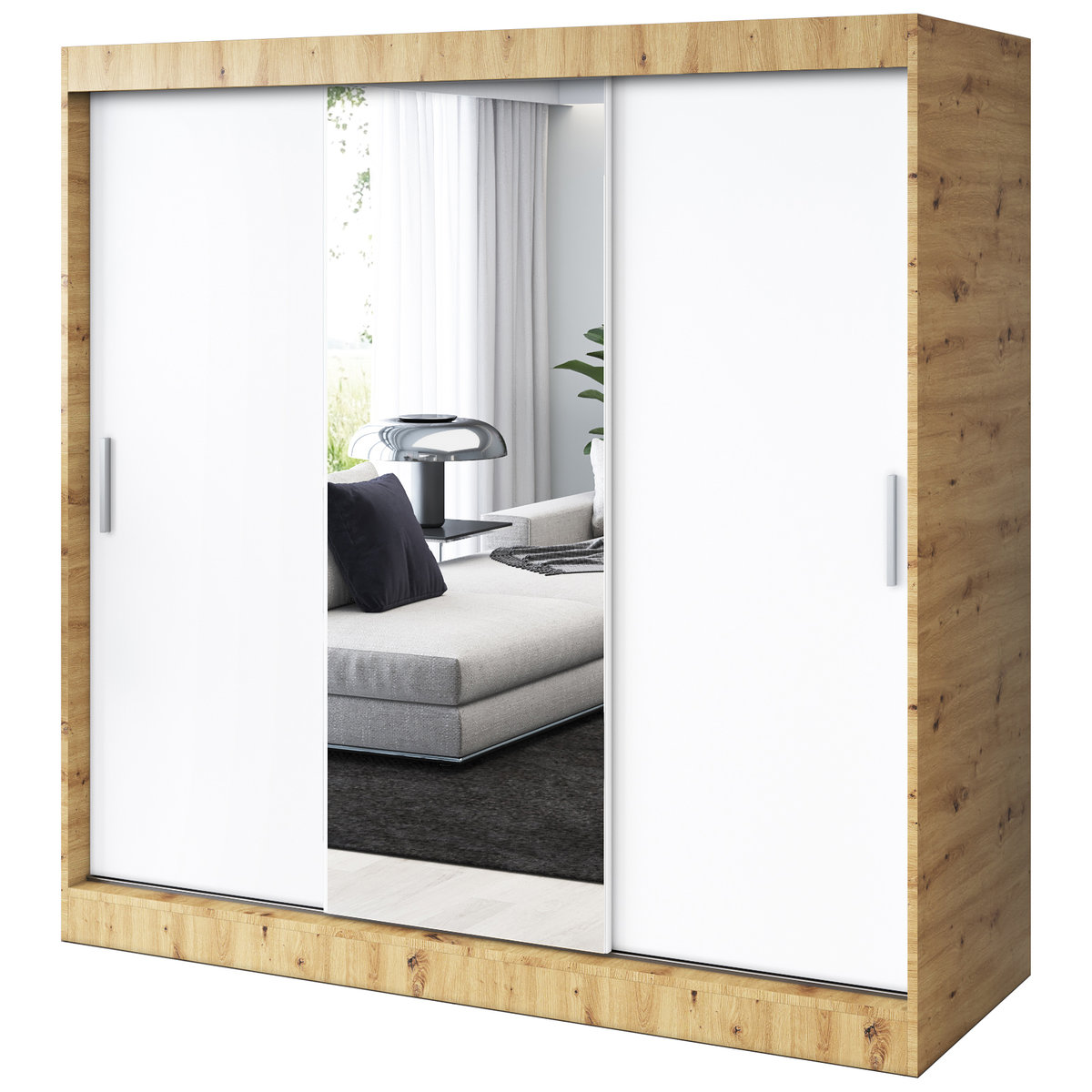 Szafa przesuwna 1x Lustro 200x200 Hugo , Dąb Artisan / Biały mat