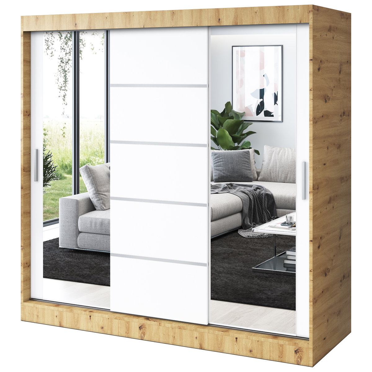 Szafa przesuwna 2 x Lustro 200x200 Ralf , Dąb Artisan / Biały mat