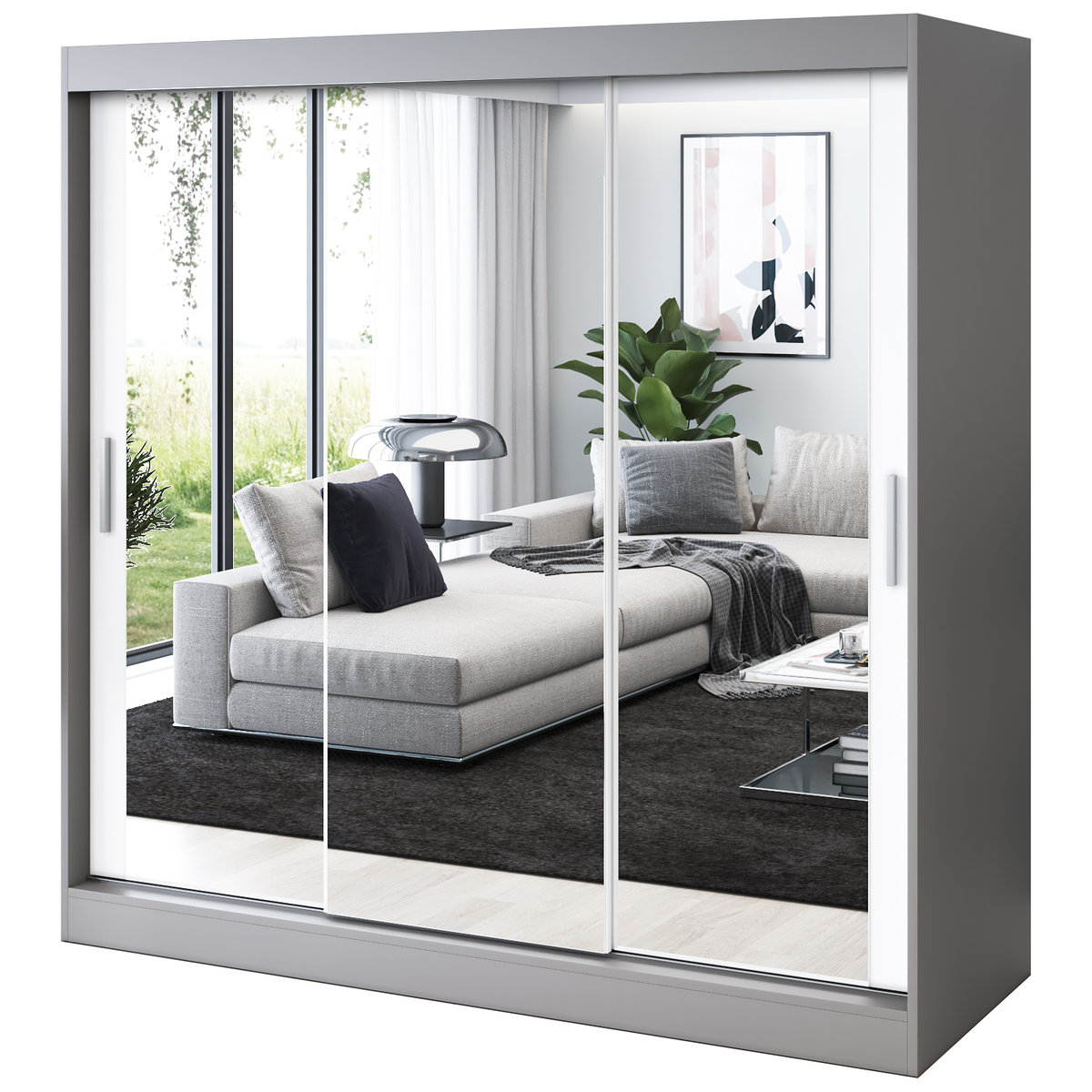Szafa przesuwna 3x Lustro 200x200 Karl, Antracyt mat / Biały mat