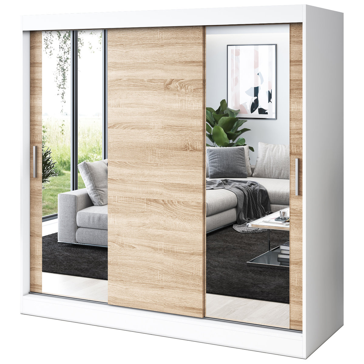 Szafa przesuwna 2x Lustro 200x200 Sofia , Biały mat / Dąb Sonoma