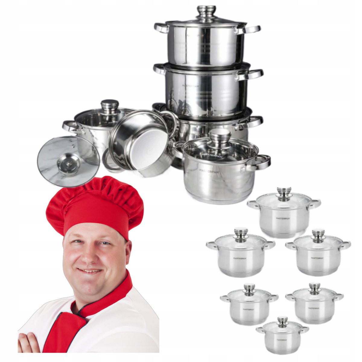 Zestaw Garnków Masterpan 12 el. ze szklanymi pokrywkami, indukcja/gaz