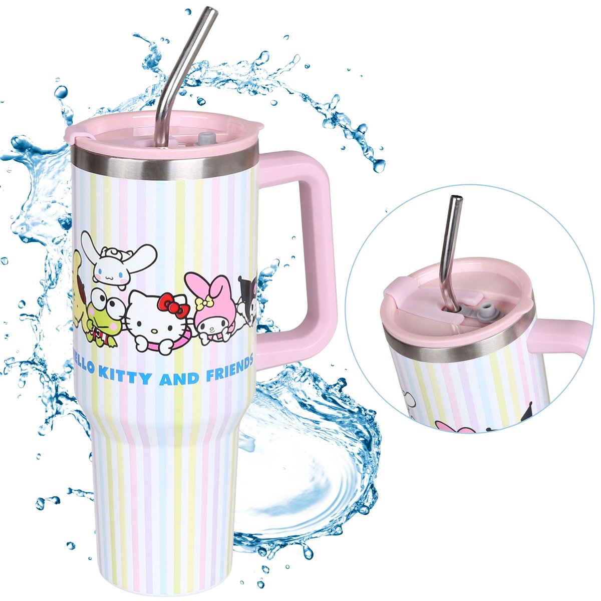 Hello Kitty and Friends kubek TERMICZNY z metalową słomką ustnikiem, stal nierdzewna, kubek do samochodu DUŻY 1,18l
