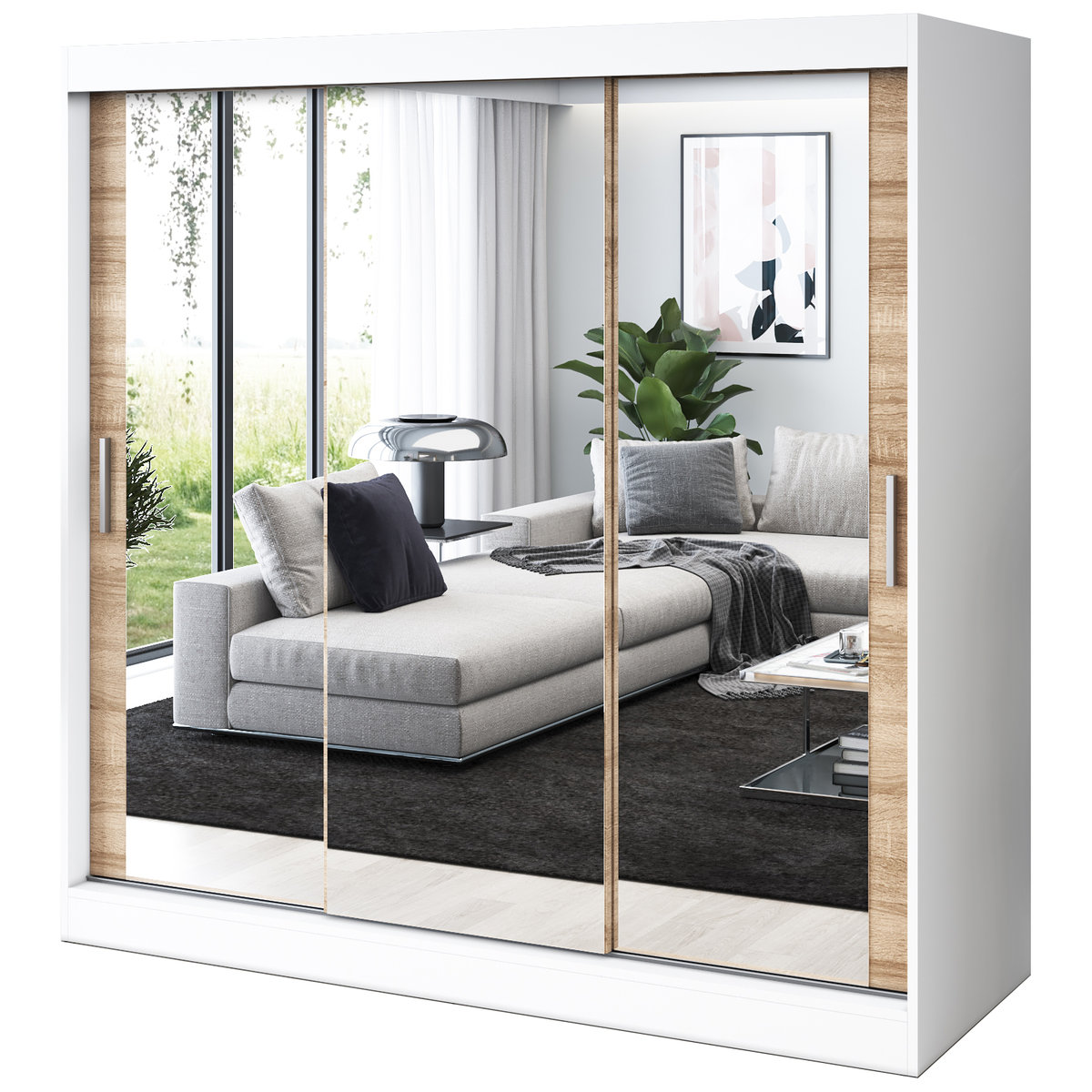 Szafa przesuwna 3x Lustro 200x200 Karl, Biały mat / Dąb Sonoma