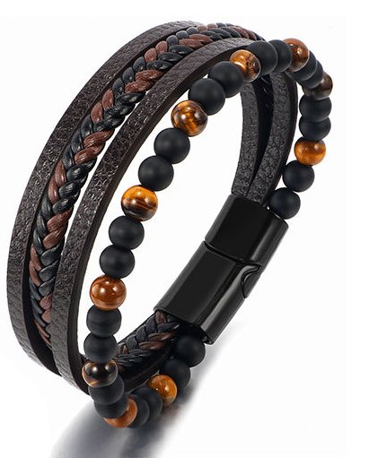 Wielowarstwowe skórzana bransoletka koraliki Brązowy 19cm