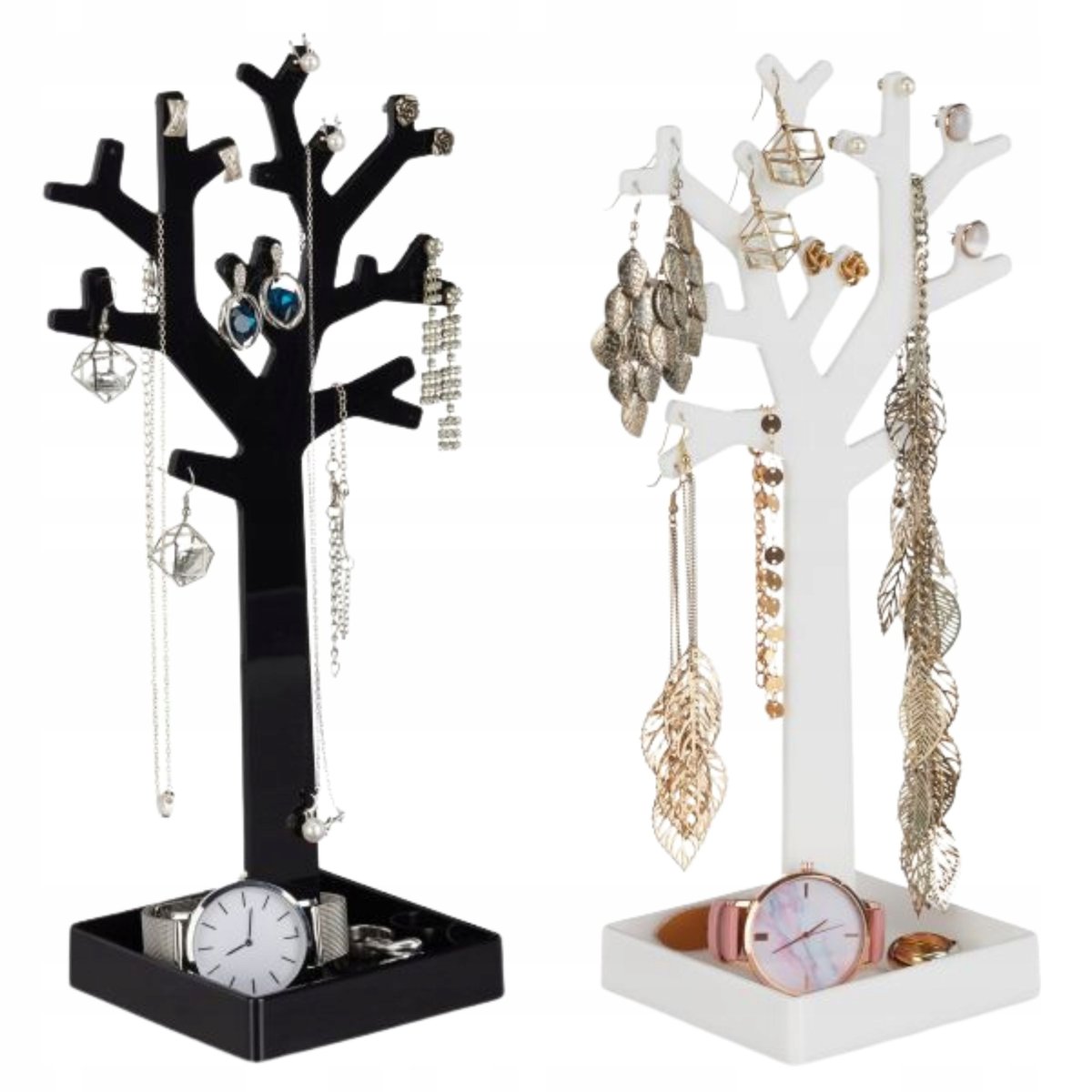 STOJAK NA BIŻUTERIĘ DRZEWKO zestaw 2 sztuk: czarny biały wieszaki biżuteria
