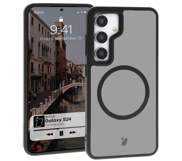Bizon Etui z pierścieniem magnetycznym Case MatteO do Galaxy S24, półprzezroczyste z czarną ramką