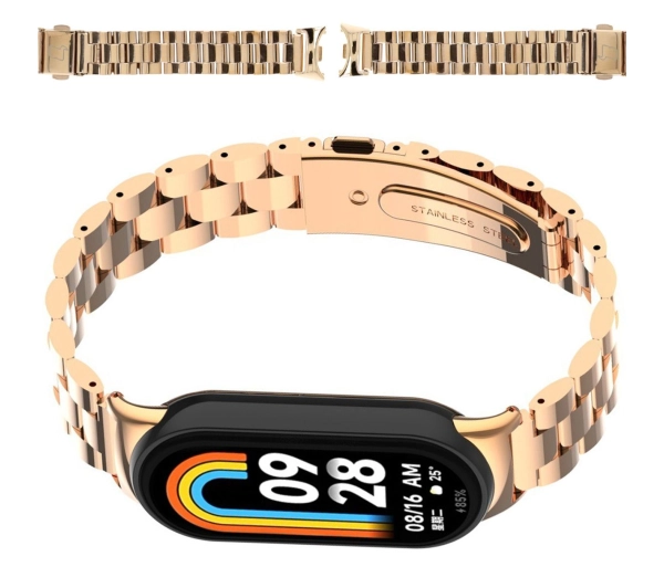 Bizon Pasek ze stali nierdzewnej Strap Watch Aura do Xiaomi Smart Band 9 / 9 NFC / 8, różowozłoty