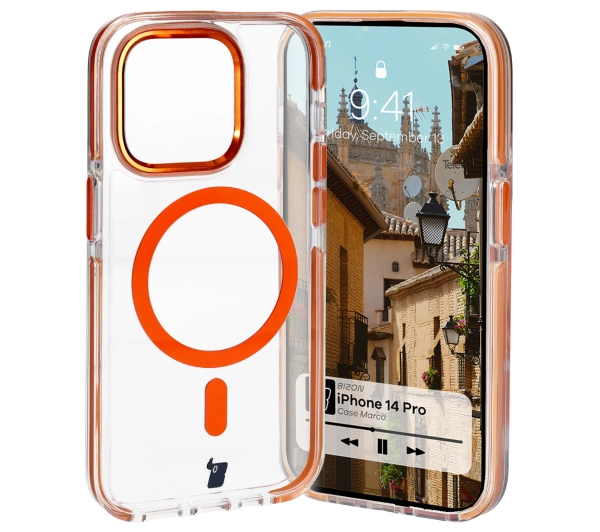 Bizon Etui z pierścieniem magnetycznym Case Marco do iPhone 14 Pro, przezroczyste z pomarańczową ramką