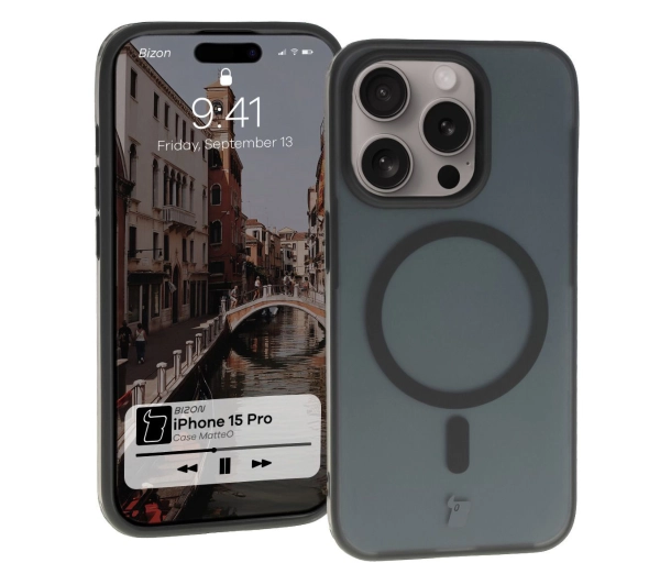 Bizon Etui z pierścieniem magnetycznym Case MatteO do iPhone 15 Pro, półprzezroczyste z czarną ramką
