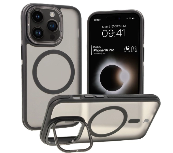 Bizon Etui z podstawką i pierścieniem magnetycznym Case Eclipse do iPhone 14 Pro, przydymione z czarną ramką