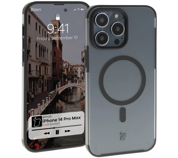 Bizon Etui z pierścieniem magnetycznym Case MatteO do iPhone 14 Pro Max, półprzezroczyste z czarną ramką