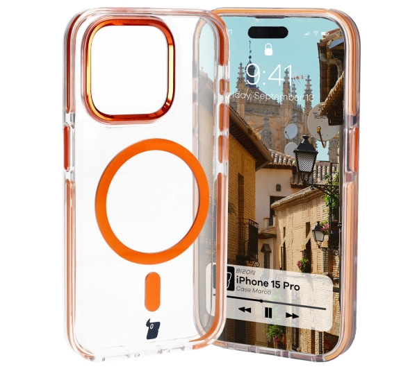 Bizon Etui z pierścieniem magnetycznym Case Marco do iPhone 15 Pro, przezroczyste z pomarańczową ramką