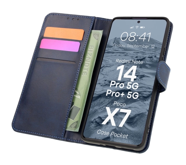 Bizon z klapką Pocket do Xiaomi Redmi Note 14 5G/Poco M7 Pro 5G Granatowy