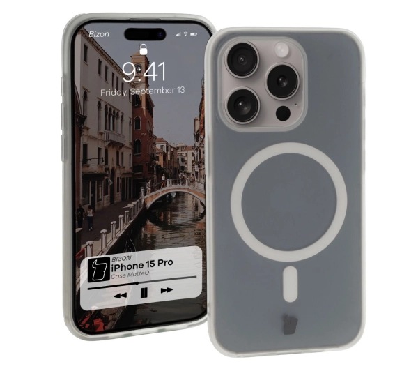Bizon Etui z pierścieniem magnetycznym Case MatteO do iPhone 15 Pro, półprzezroczyste