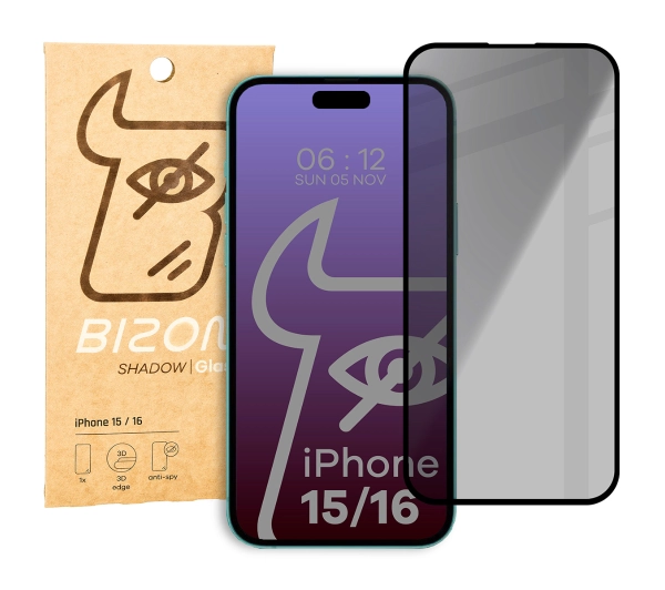 Bizon Prywatyzujące szkło hartowane Glass Edge Shadow do iPhone 15, przyciemniane z czarną ramką
