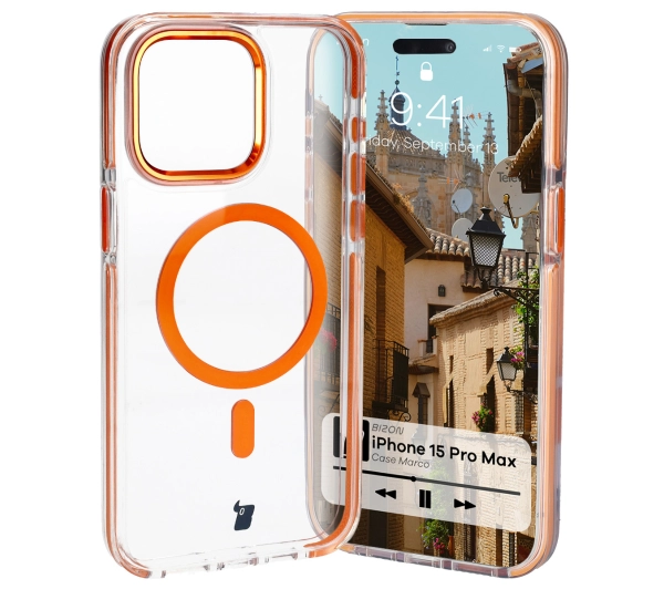Bizon Etui z pierścieniem magnetycznym Case Marco do iPhone 15 Pro Max, przezroczyste z pomarańczową ramką
