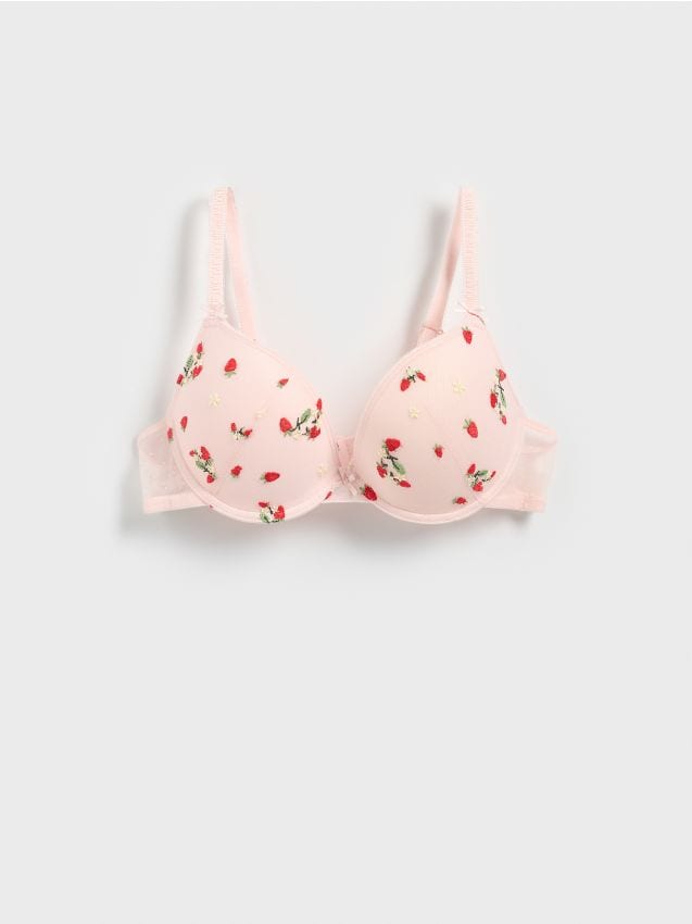 Reserved - Biustonosz push up z haftem - pastelowy róż