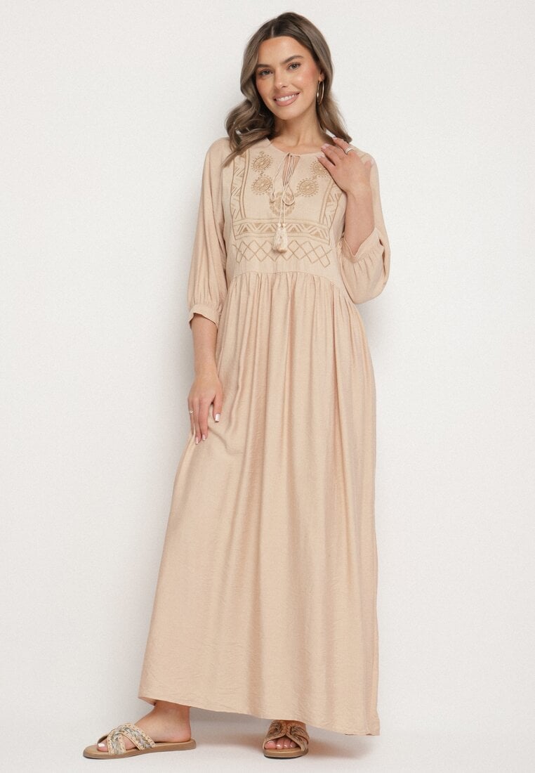 Beżowa Wiskozowa Sukienka z Ozdobnym Haftem Galrisena