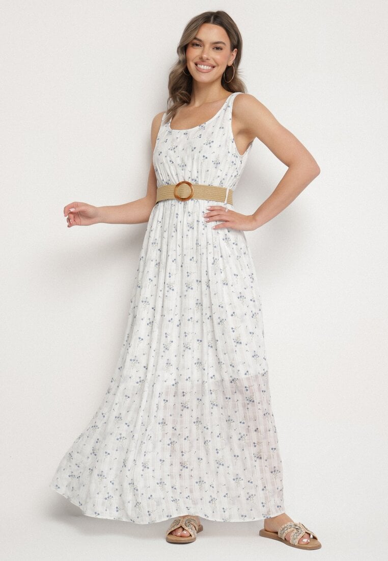 Jasnoniebieska Rozkloszowana Sukienka w Kwiaty Ozdobiona Plecionym Paskiem Iffalle