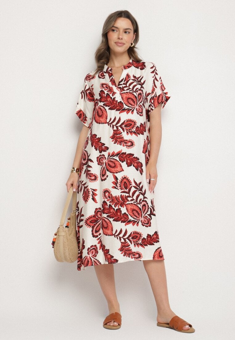 Bordowa Sukienka z Wiskozą i Lnem Pudełkowa z Kieszeniami w Kwiatowy Wzór Boho Natundelia