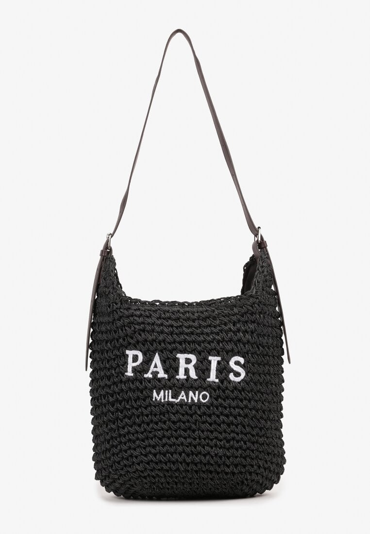 Czarna Pleciona Torebka Plażowa Shopper na Długim Pasku z Napisem Galenitia