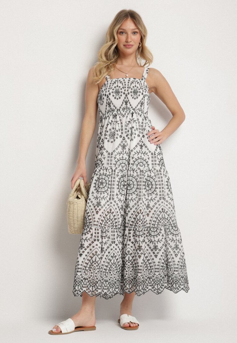 Czarno-Biała Bawełniana Sukienka Ozdobiona Haftem Sadonique