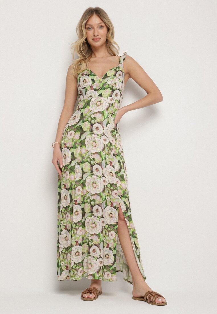 Zielona Rozkloszowana Sukienka z Wiskozy w Kwiatowym Wzór Redeelle
