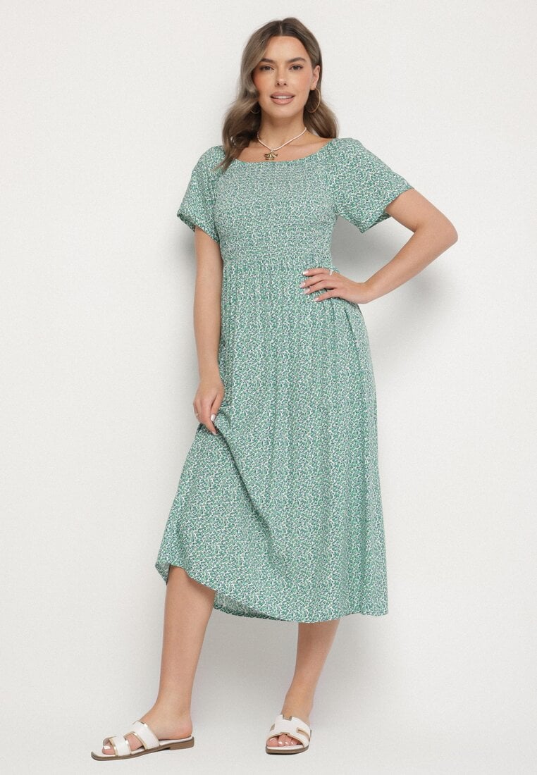 Zielona Rozkloszowana Sukienka Hiszpanka z Bawełny w Kwiatowy Wzór Sadrivae