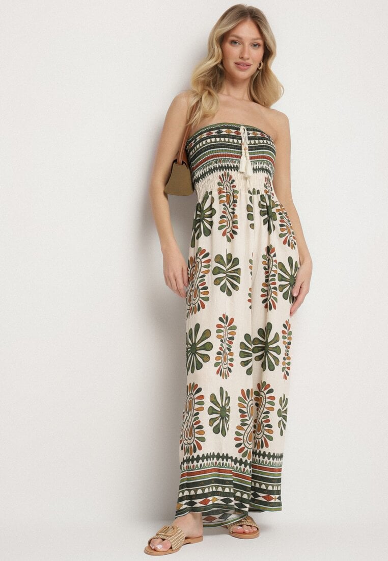 Zielono-Kremowy Kombinezon Bez Rękawów z Szeroką Nogawką w Ornamentalny Wzór Mirionia