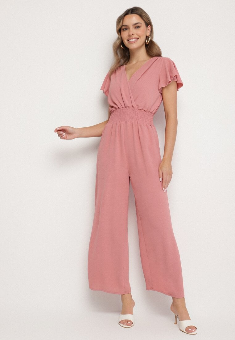 Różowy Kombinezon z Kopertowym Dekoltem i Szeroką Gumką w Pasie Evimevi