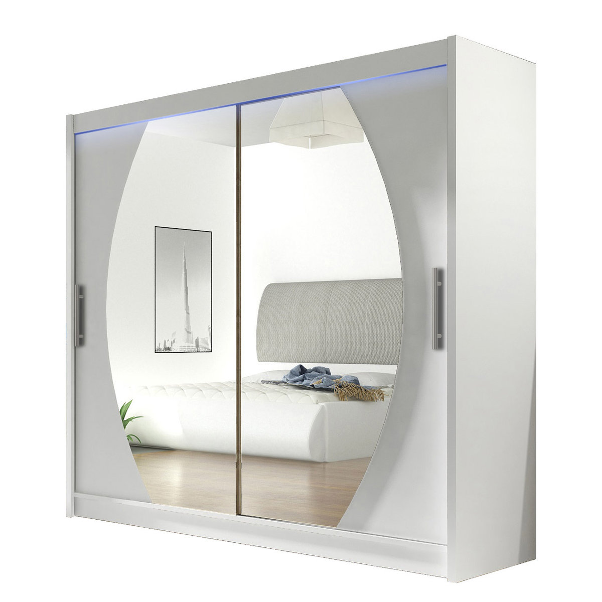 Szafa z drzwiami przesuwnymi London IV z oświetleniem RGB, Biały / Lustro