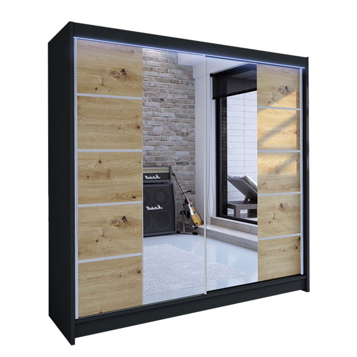 Szafa z drzwiami przesuwnymi Talin V z oświetleniem RGB, Czarny / Dąb Artisan