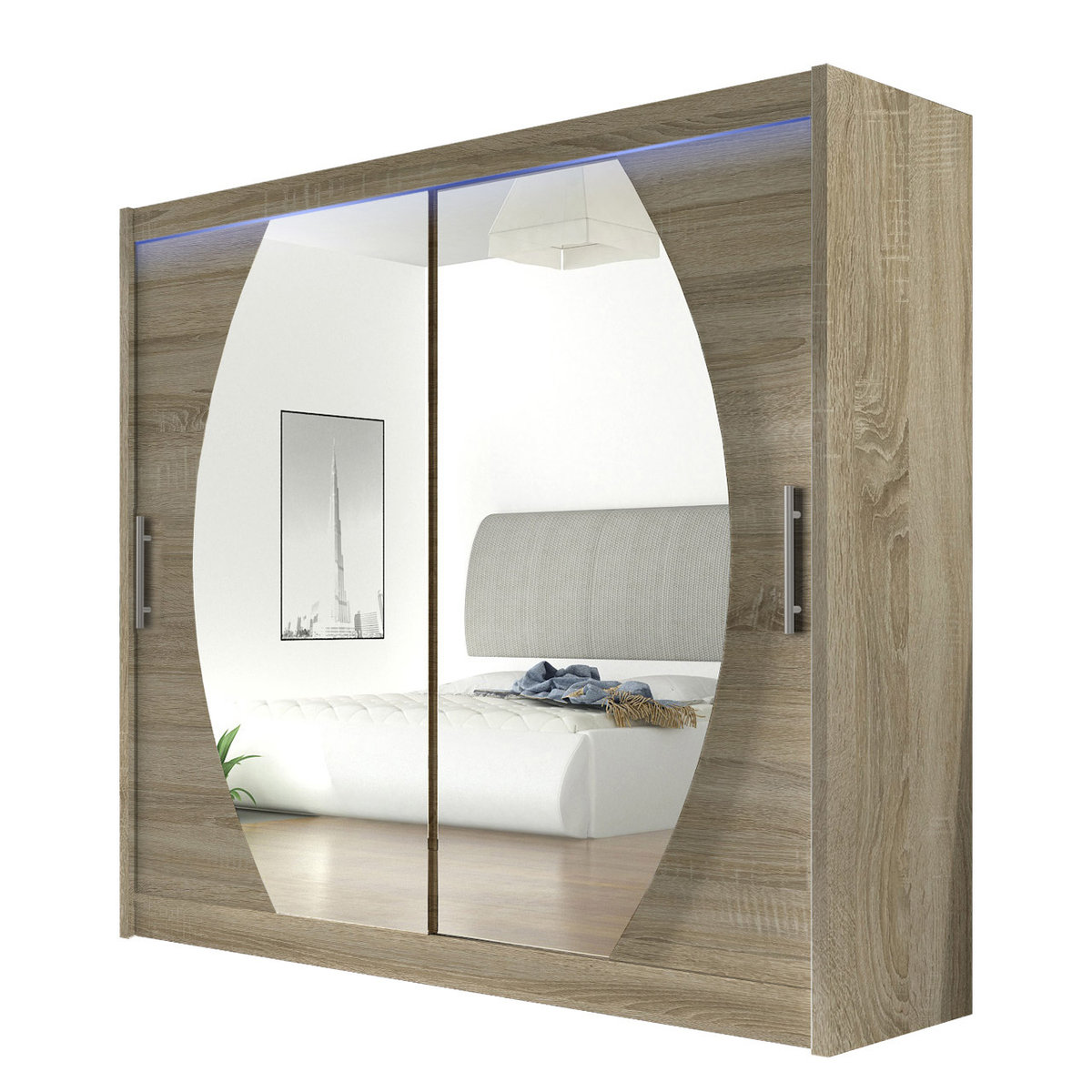 Szafa z drzwiami przesuwnymi London IV z oświetleniem RGB, Dąb Sonoma / Lustro