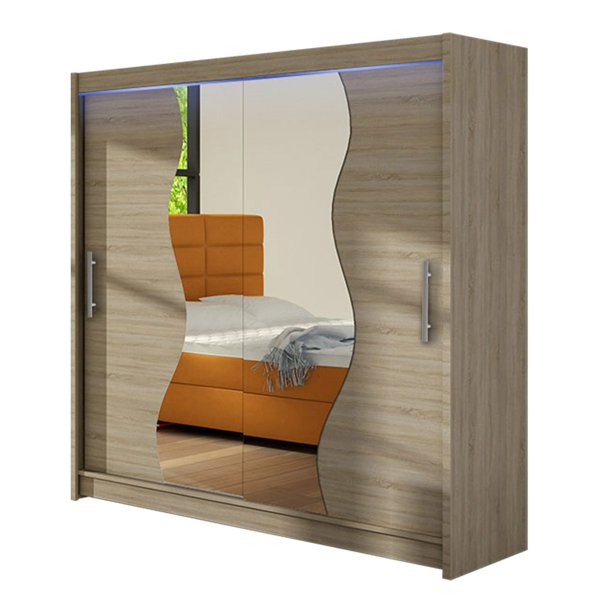 Szafa z drzwiami przesuwnymi Begas z oświetleniem RGB, Dąb Sonoma / Lustro