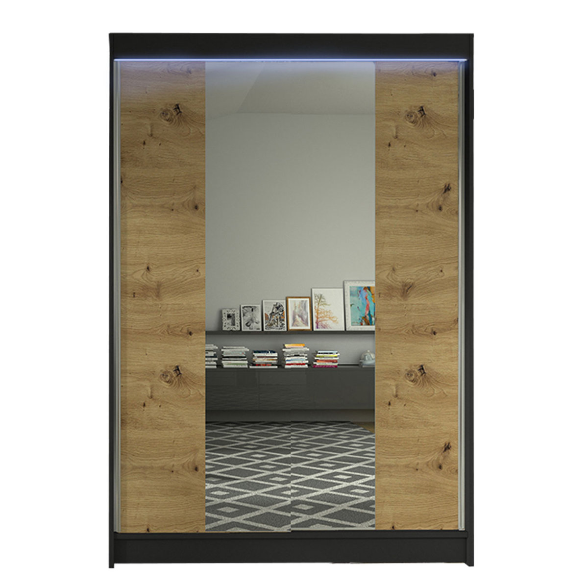 Szafa z drzwiami przesuwnymi Lino II z oświetleniem RGB, Czarny / Dąb Artisan