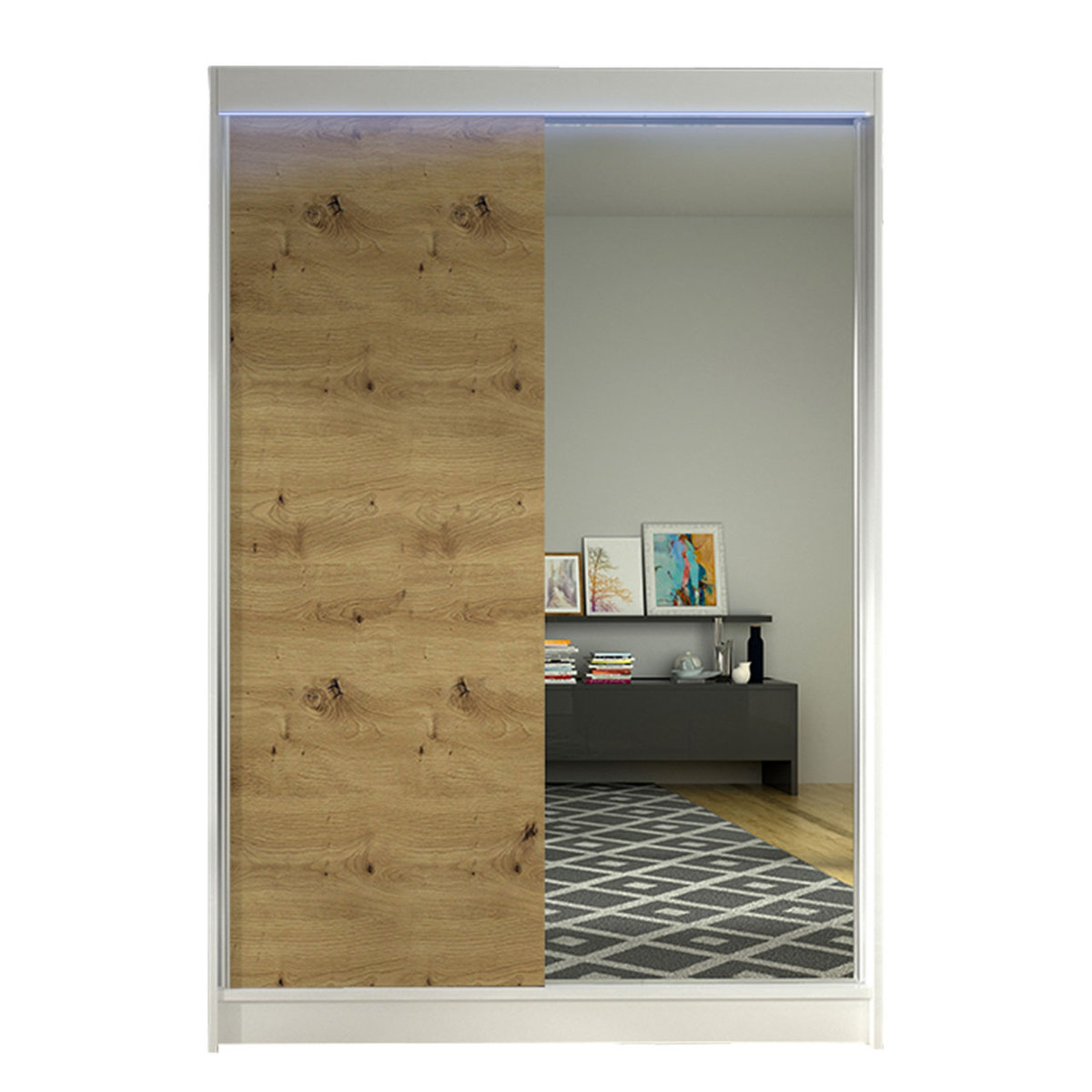 Szafa z drzwiami przesuwnymi Lino I z oświetleniem RGB, Biały / Dąb Artisan