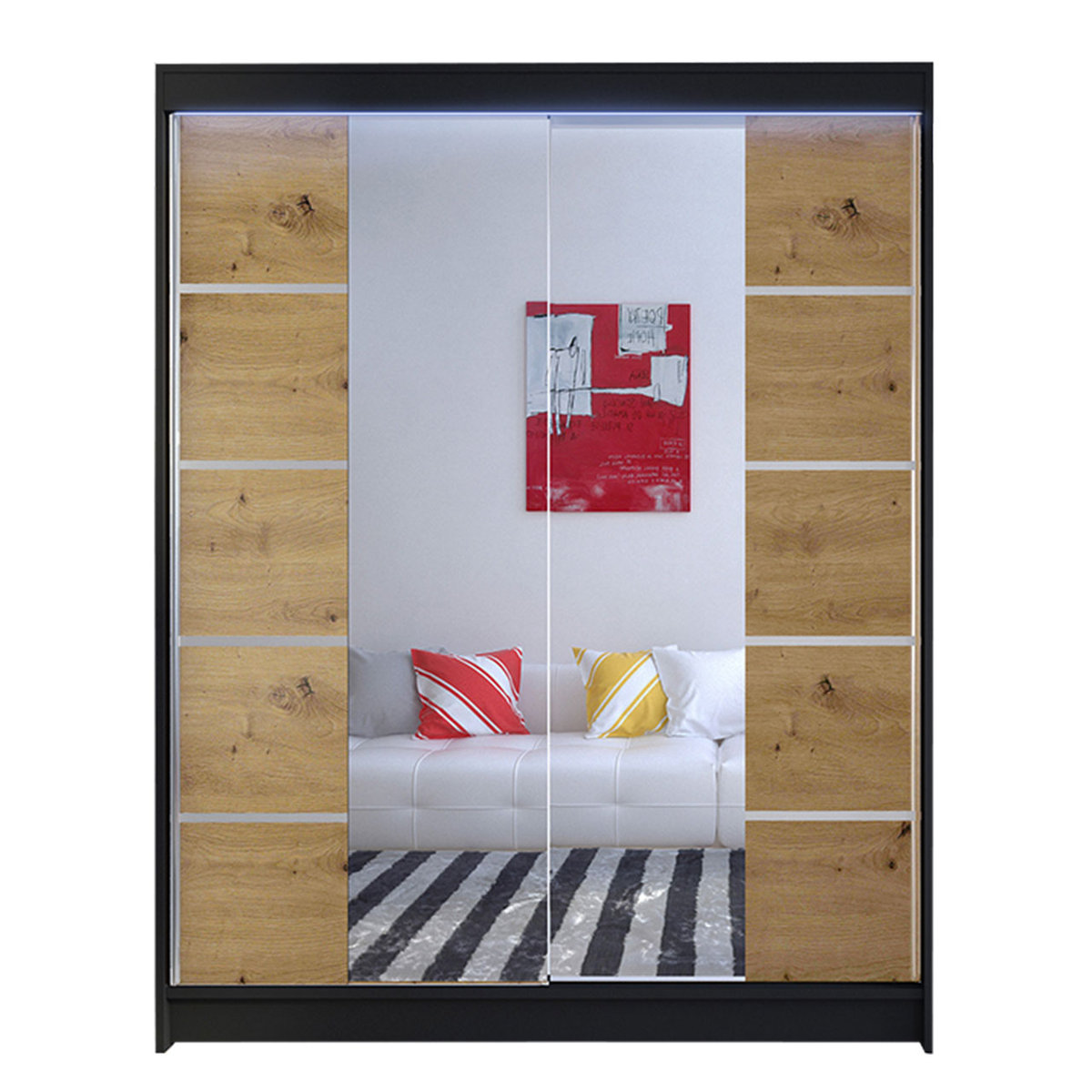 Szafa z drzwiami przesuwnymi Camino V z oświetleniem RGB, Czarny / Dąb Artisan