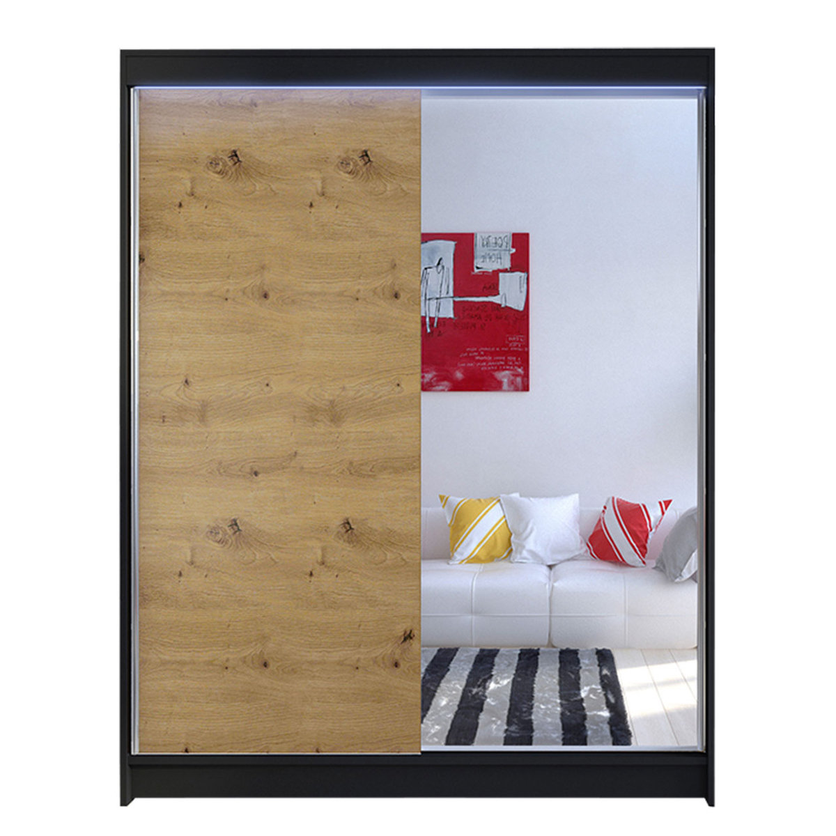 Szafa z drzwiami przesuwnymi Camino I z oświetleniem RGB, Czarny / Dąb Artisan