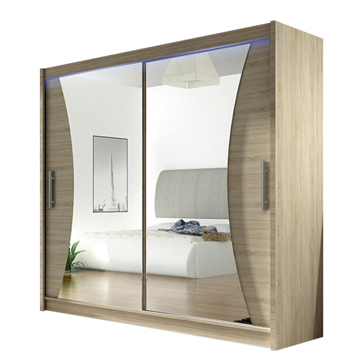 Szafa z drzwiami przesuwnymi London V z oświetleniem RGB, Dąb Sonoma / Lustro