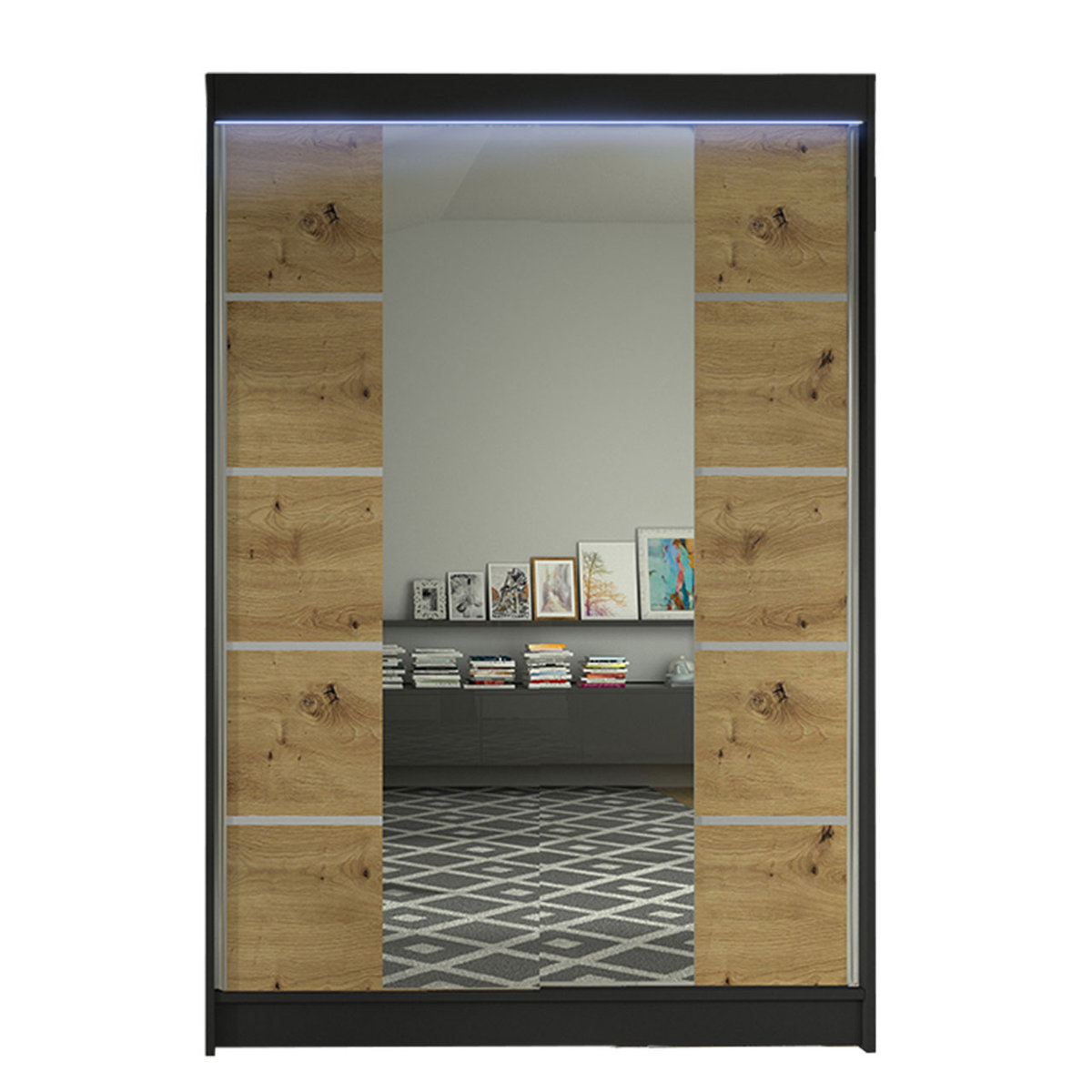 Szafa z drzwiami przesuwnymi Lino V z oświetleniem RGB, Czarny / Dąb Artisan