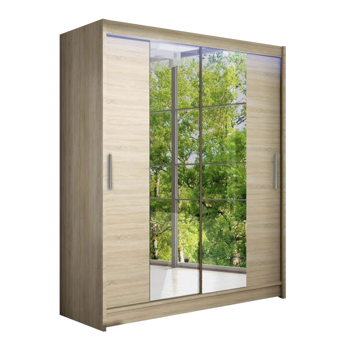 Szafa z drzwiami przesuwnymi Westa II z oświetleniem RGB, Dąb Sonoma / Lustro
